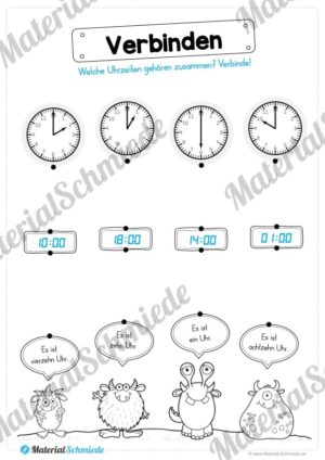 Übungen Uhrzeit: Stunden (Drei Uhrzeiten verbinden)