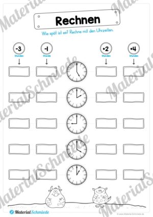 Übungen Uhrzeit: Stunden (Vier Uhrzeiten berechnen)