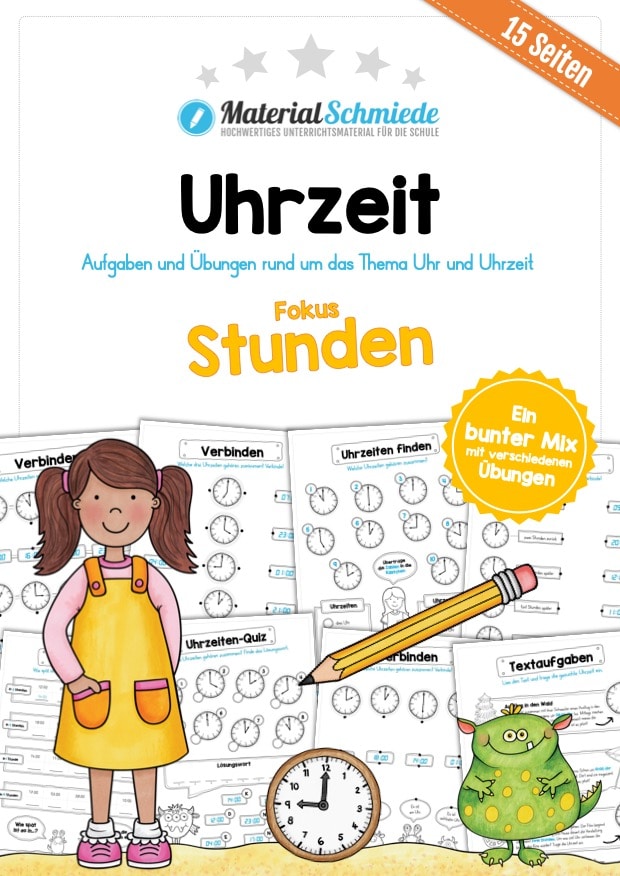 Übungen Uhrzeit: Stunden (15 Arbeitsblätter)