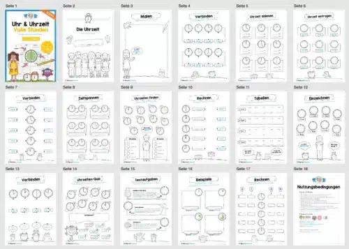 Übungsheft Uhrzeit: 15-Mix-Aufgaben (Ganze Stunden) - Überblick