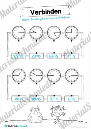 Übungen Uhrzeit: Viertelstunden (Uhrzeiten verbinden: Analog/Digital)
