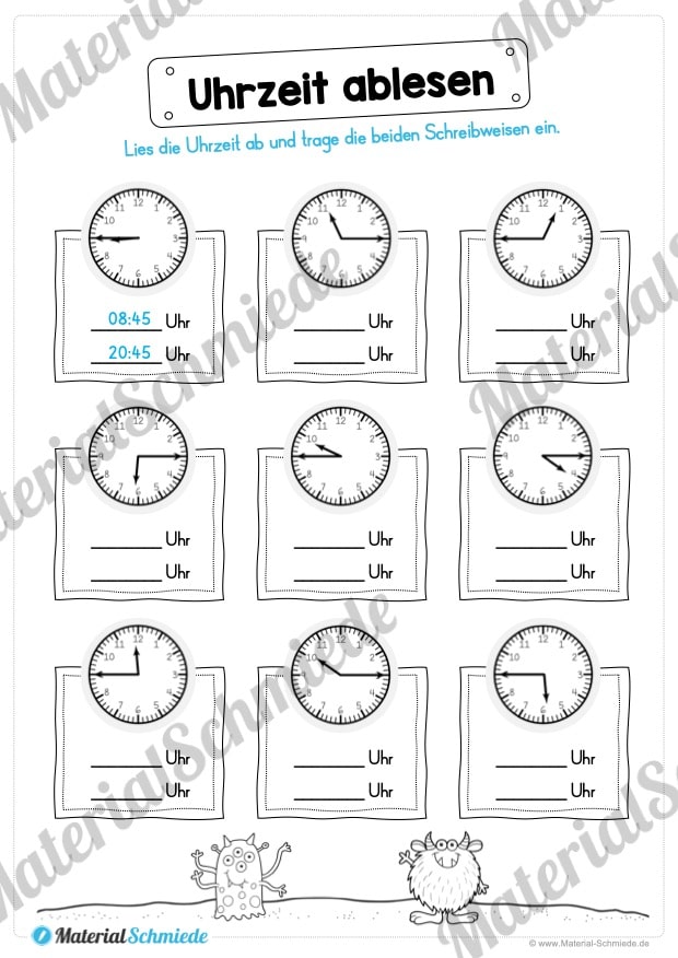 Übungen Uhrzeit: Viertelstunden (Uhrzeiten ablesen)