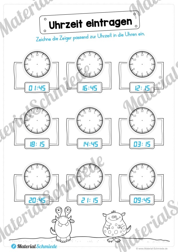 Übungen Uhrzeit: Viertelstunden (Uhrzeiten eintragen)