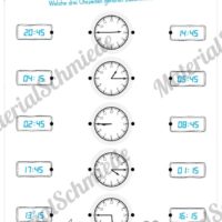 Übungen Uhrzeit: Viertelstunden (Uhrzeiten verbinden - zwei Schreibweisen)