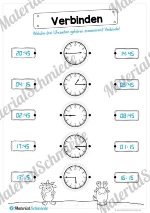 Übungen Uhrzeit: Viertelstunden (Uhrzeiten verbinden – zwei Schreibweisen)