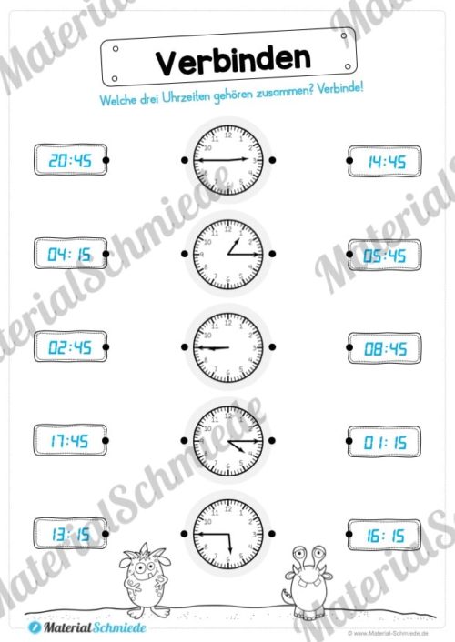 Übungen Uhrzeit: Viertelstunden (Uhrzeiten verbinden - zwei Schreibweisen)