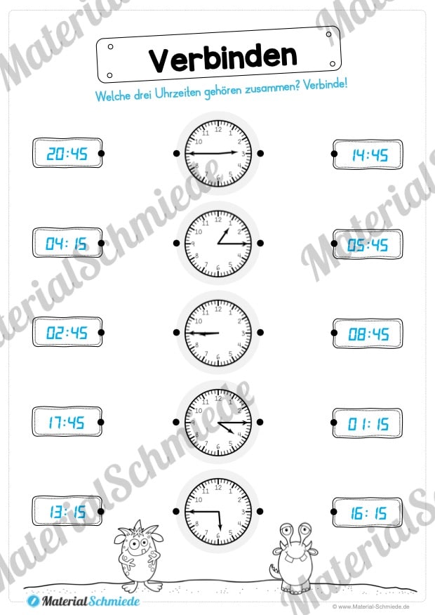 Übungen Uhrzeit: Viertelstunden (Uhrzeiten verbinden – zwei Schreibweisen)