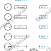 Übungen Uhrzeit: Viertelstunden (Rechnen mit Uhrzeiten und verbinden)