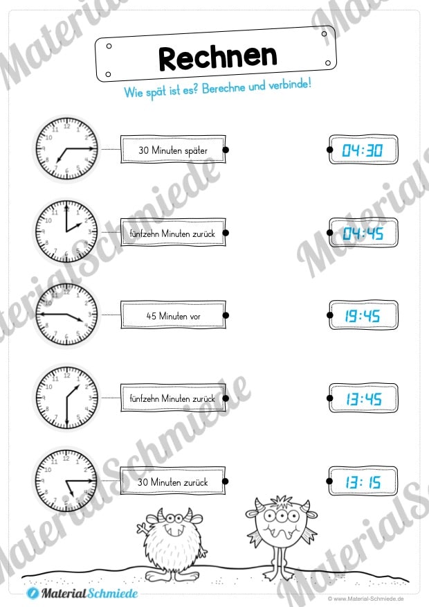 Übungen Uhrzeit: Viertelstunden (Rechnen mit Uhrzeiten und verbinden)