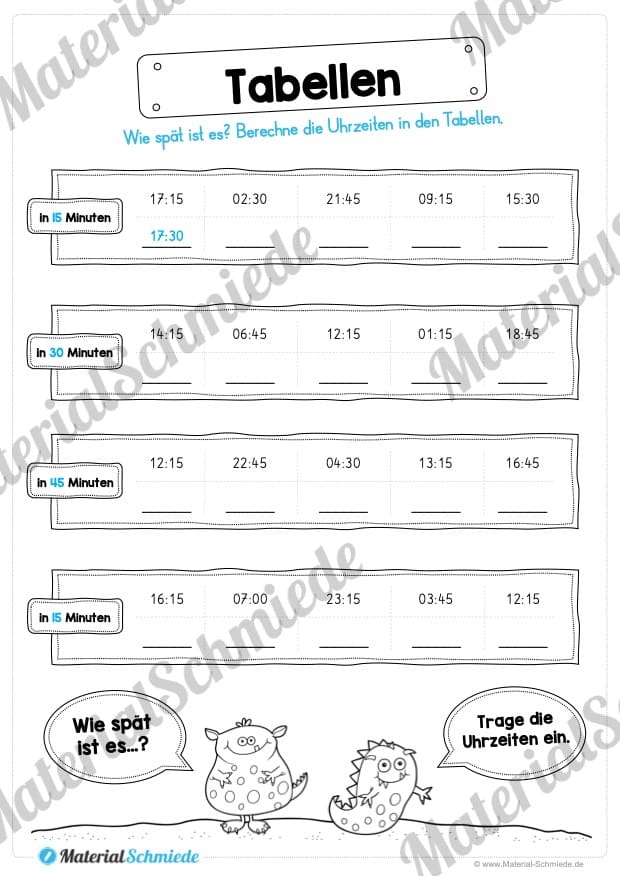 Übungen Uhrzeit: Viertelstunden (Tabellen)