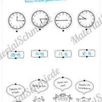 Übungen Uhrzeit: Viertelstunden (Uhrzeiten verbinden: Analog/Digital/Text)