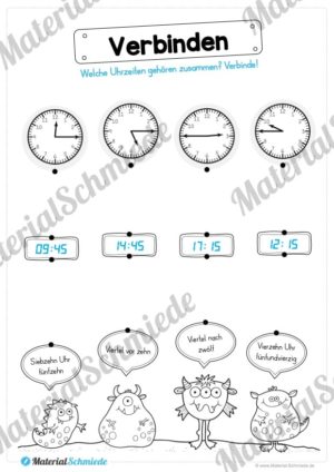 Übungen Uhrzeit: Viertelstunden (Uhrzeiten verbinden: Analog/Digital/Text)
