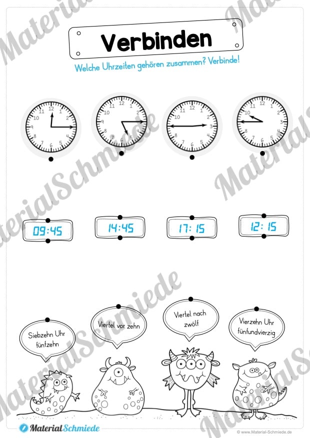Übungen Uhrzeit: Viertelstunden (Uhrzeiten verbinden: Analog/Digital/Text)