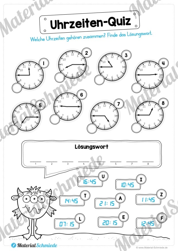 Übungen Uhrzeit: Viertelstunden (Quiz)
