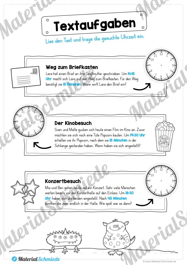 Übungen Uhrzeit: Viertelstunden (Textaufgaben)