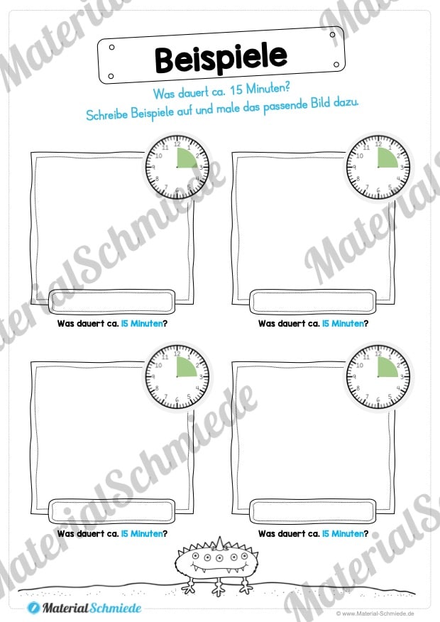 Übungen Uhrzeit: Viertelstunden (Beispiele eintragen)
