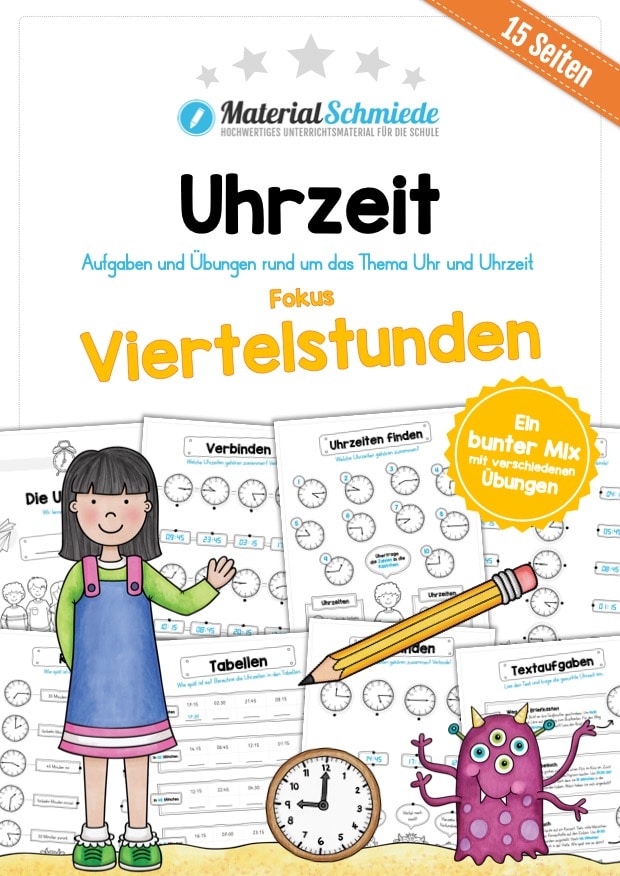 Übungen Uhrzeit: Viertelstunden (15 Arbeitsblätter)