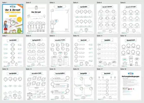 Übungsheft Uhrzeit: 15-Mix-Aufgaben (Viertelstunden) - Überblick