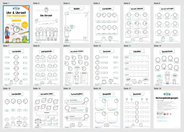 Übungsheft Uhrzeit: 15-Mix-Aufgaben (Viertelstunden) – Überblick Übungsheft Uhrzeit: 15-Mix-Aufgaben (Viertelstunden) – Überblick