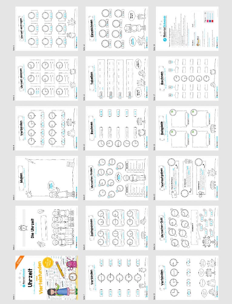 Übungen Uhrzeit: Viertelstunden (Überblick)