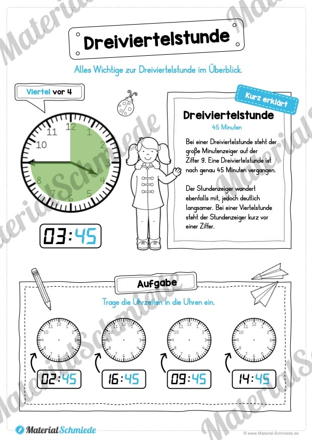 Uhr und Uhrzeit kennenlernen (Dreiviertelstunde)