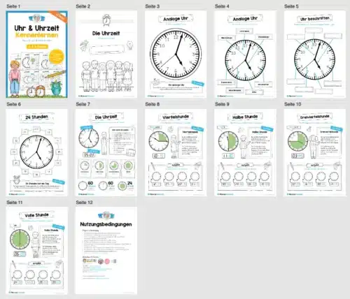 Übungsheft: Uhr & Uhrzeit kennenlernen (2. & 3. Klasse) - Überblick