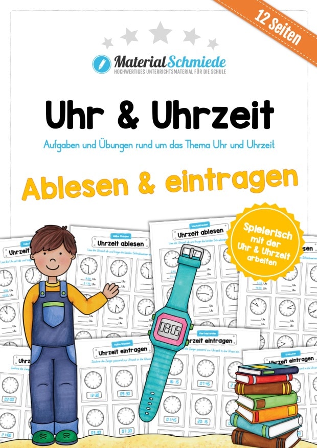 Uhrzeit ablesen & eintragen (12 Arbeitsblätter)