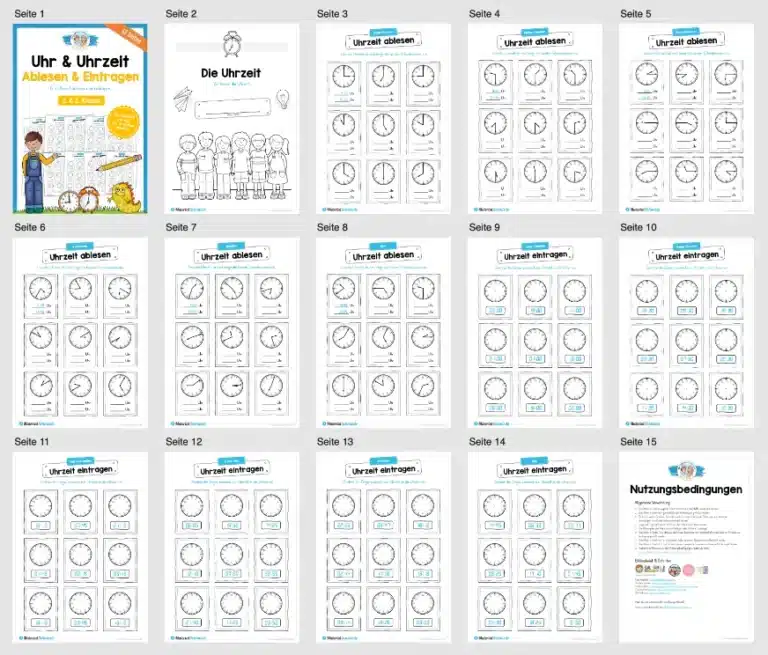 Übungsheft: Uhrzeit ablesen & eintragen (2. & 3. Klasse) – Überblick Übungsheft: Uhrzeit ablesen & eintragen (2. & 3. Klasse) – Überblick
