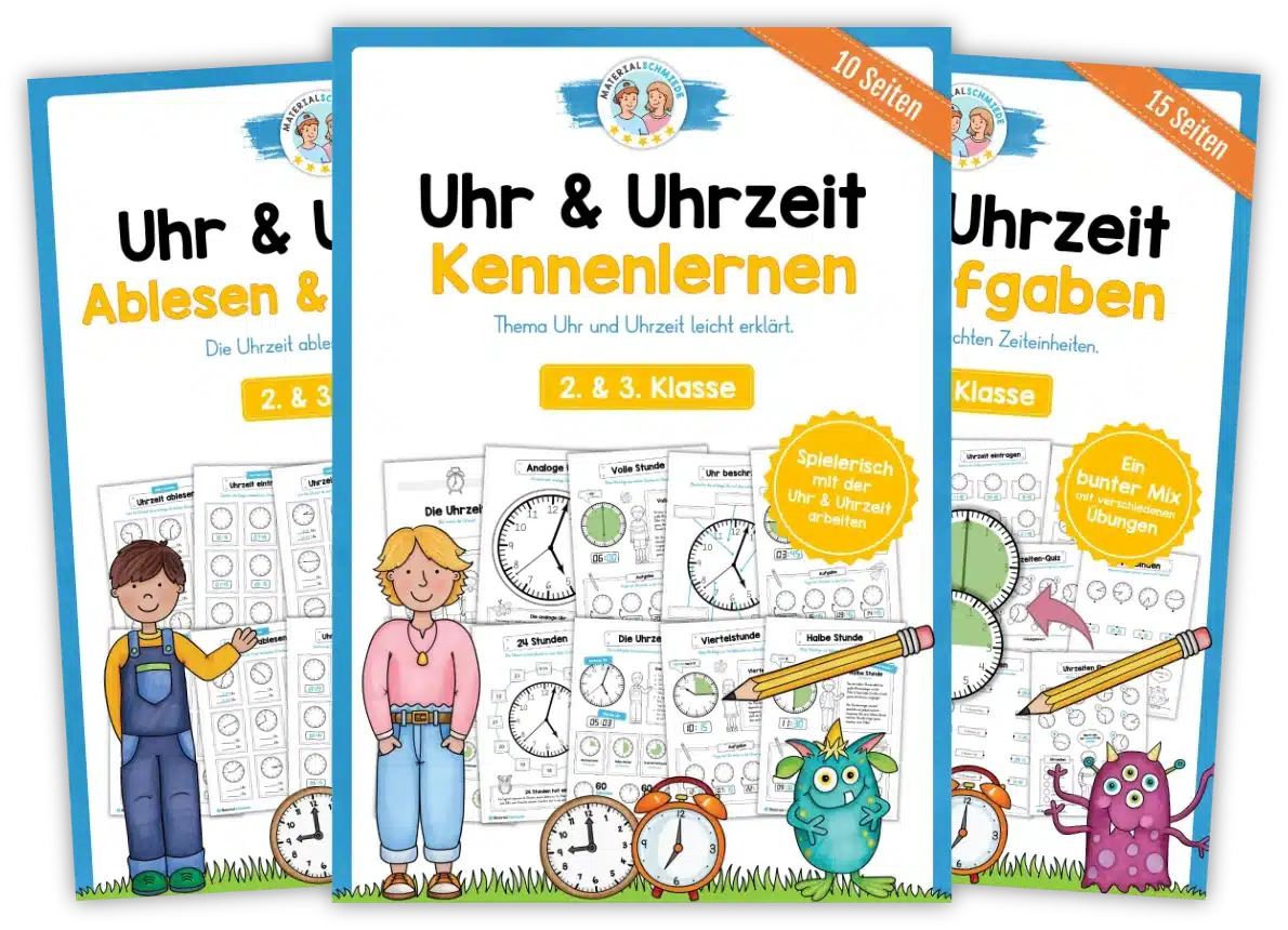 Unterrichtsmaterial mit Aufgaben und Übungen zum Lernen der Uhrzeit (2. & 3. Klasse)