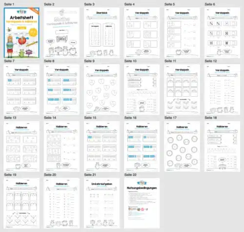 Übungen zum Verdoppeln & halbieren für die 1. Klasse (20 Arbeitsblätter) - Überblick