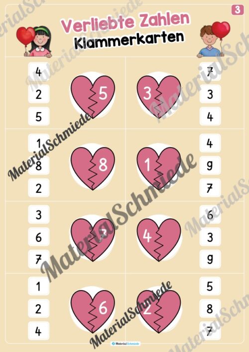 Verliebte Zahlen: Klammerkarten (Arbeitsblatt 03)