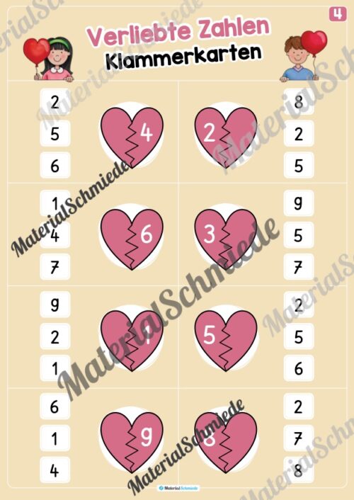 Verliebte Zahlen: Klammerkarten (Arbeitsblatt 04)
