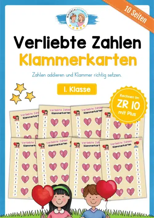 Verliebte Zahlen: Klammerkarten - Zahlenraum 10 (1. Klasse)