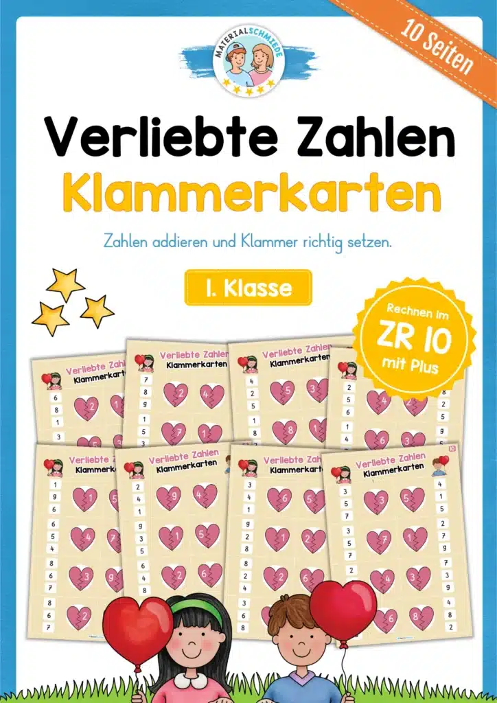 Verliebte Zahlen: Klammerkarten - Zahlenraum 10 (1. Klasse)