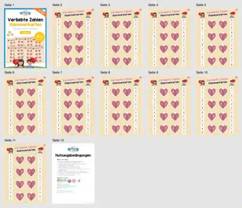 Verliebte Zahlen: Klammerkarten - Zahlenraum 10 (1. Klasse) - Überblick