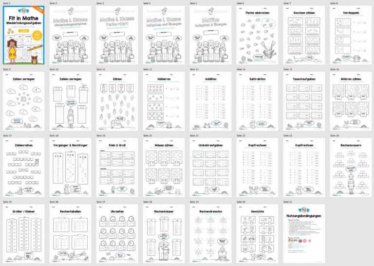 Fit in Mathe: Wiederholungsaufgaben für die 1. Klasse (30 Arbeitsblätter) – Überblick Fit in Mathe: Wiederholungsaufgaben für die 1. Klasse (30 Arbeitsblätter) – Überblick