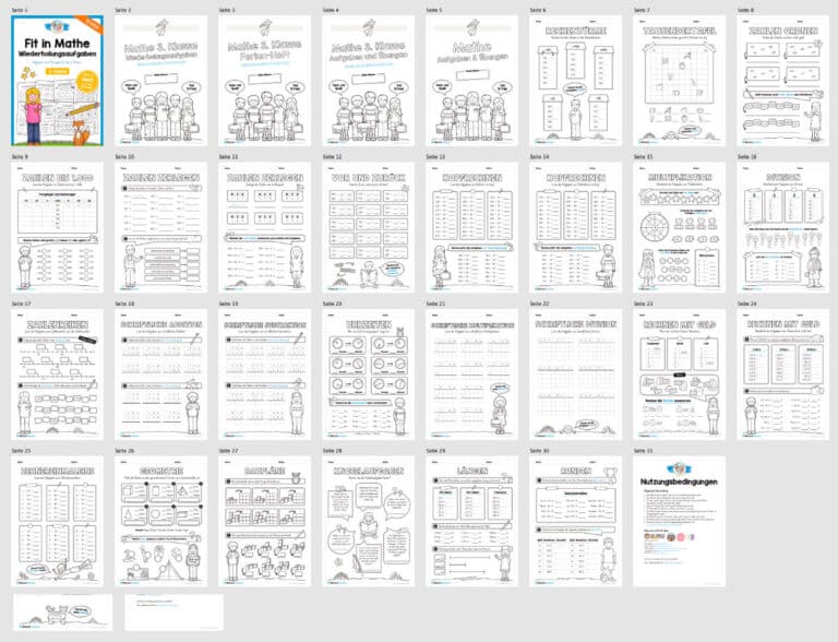 Fit in Mathe: Wiederholungsaufgaben für die 3. Klasse (30 Arbeitsblätter) – Überblick Fit in Mathe: Wiederholungsaufgaben für die 3. Klasse (30 Arbeitsblätter) – Überblick