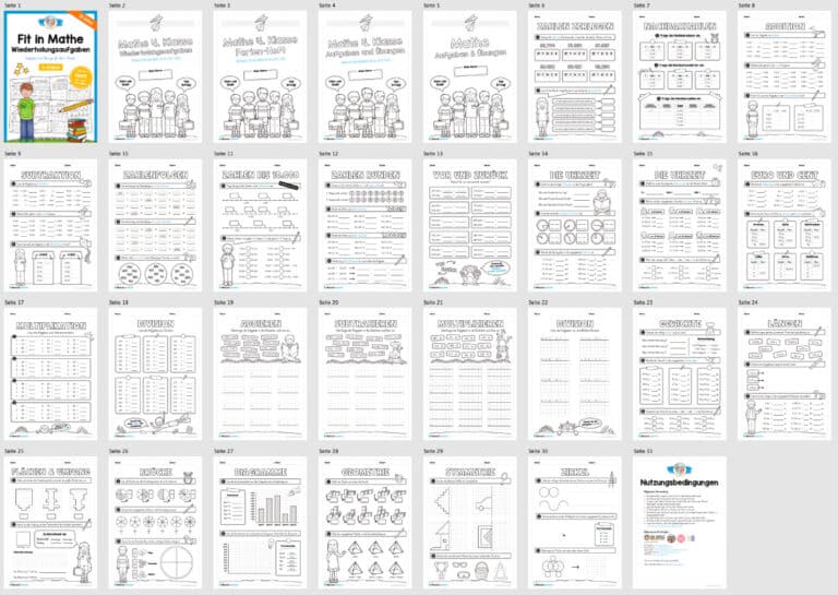 Fit in Mathe: Wiederholungsaufgaben für die 4. Klasse (30 Arbeitsblätter) – Überblick Fit in Mathe: Wiederholungsaufgaben für die 4. Klasse (30 Arbeitsblätter) – Überblick