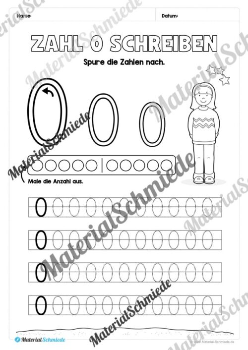 Arbeitsheft: Zahl 0 schreiben lernen (20 Arbeitsblätter) - Arbeitsblatt 03