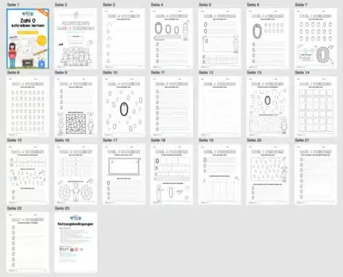 Arbeitsheft: Zahl 0 schreiben lernen (20 Arbeitsblätter) - Überblick