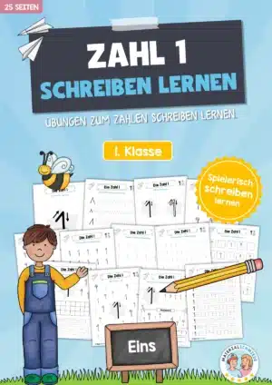 Arbeitsheft: Zahl 1 schreiben lernen (25 Arbeitsblätter)