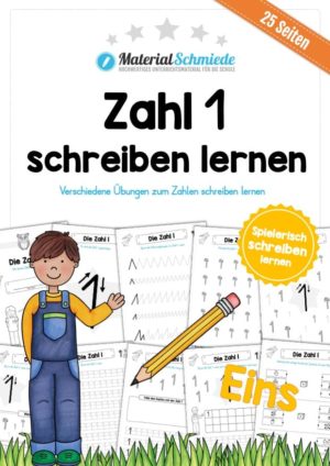 Zahl 1 schreiben lernen (25 Arbeitsblätter)