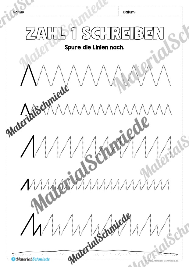 Arbeitsheft: Zahl 1 schreiben lernen (Arbeitsblatt 02)