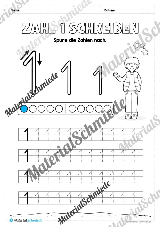 Arbeitsheft: Zahl 1 schreiben lernen (Arbeitsblatt 03)
