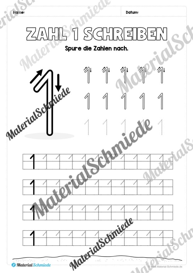 Arbeitsheft: Zahl 1 schreiben lernen (Arbeitsblatt 05)