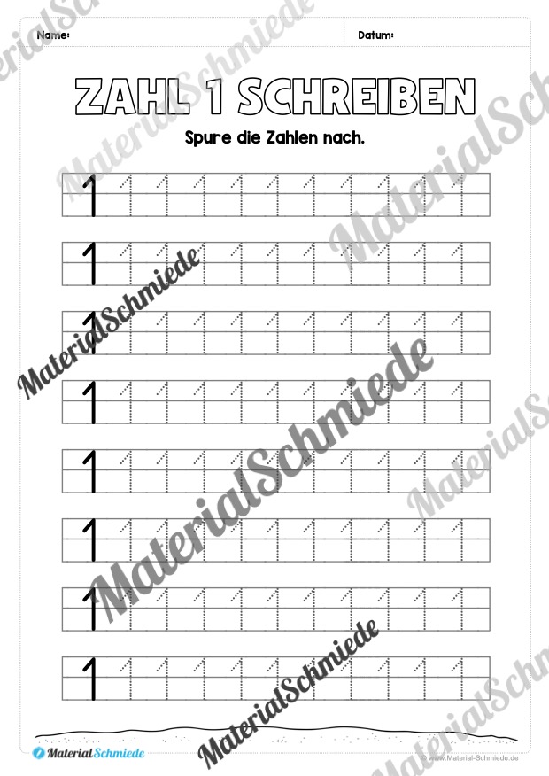 Arbeitsheft: Zahl 1 schreiben lernen (Arbeitsblatt 10)