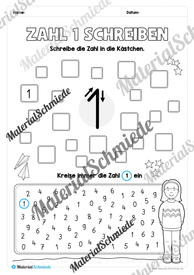 Arbeitsheft: Zahl 1 schreiben lernen (Arbeitsblatt 11)