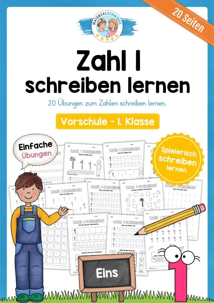 Arbeitsheft: Zahl 1 schreiben lernen (20 Arbeitsblätter)