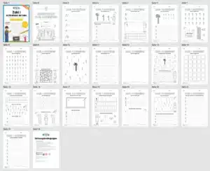 Arbeitsheft: Zahl 1 schreiben lernen (20 Arbeitsblätter) – Überblick Arbeitsheft: Zahl 1 schreiben lernen (20 Arbeitsblätter) – Überblick