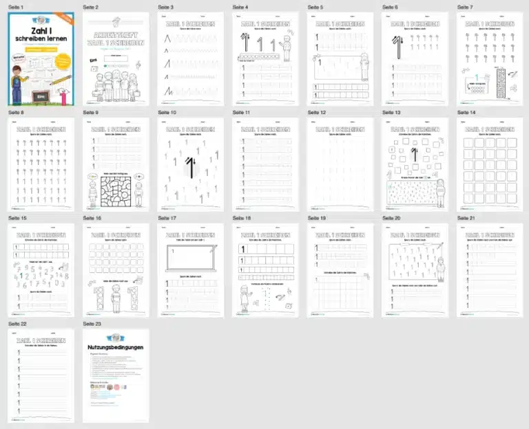 Arbeitsheft: Zahl 1 schreiben lernen (20 Arbeitsblätter) – Überblick Arbeitsheft: Zahl 1 schreiben lernen (20 Arbeitsblätter) – Überblick